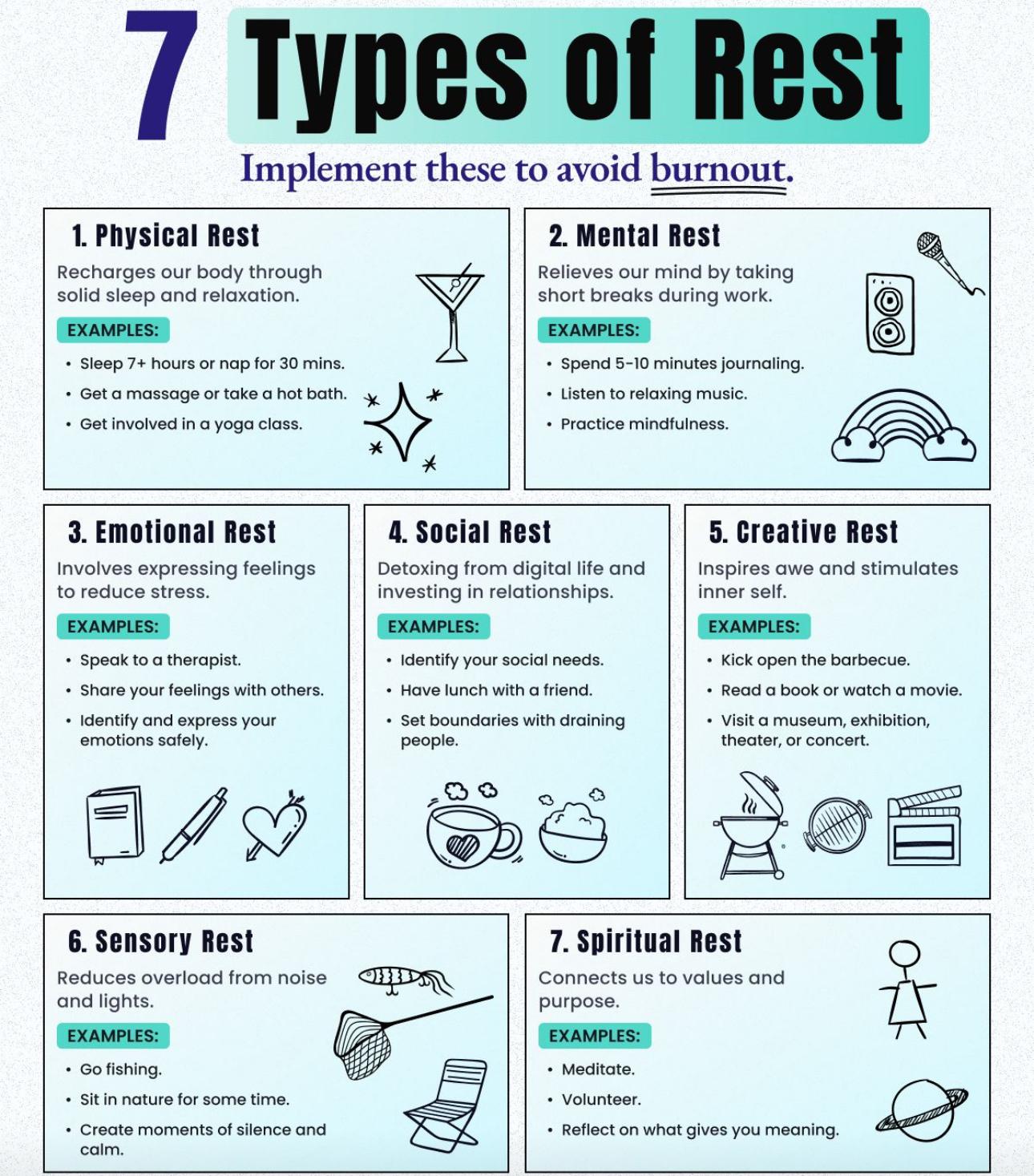 7 Types of Rest Implement these to avoid burnout, restore energy, and achieve holistic well-being.